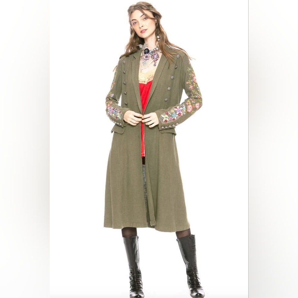 Aratta Olive Green Embroidered Coat